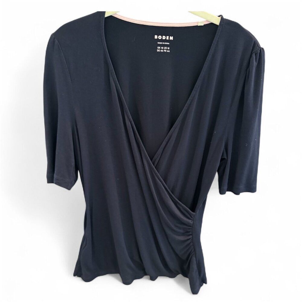 Boden Navy Wrap Front Top Size 12 US Stretch Jersey Blouse Workwear Classic